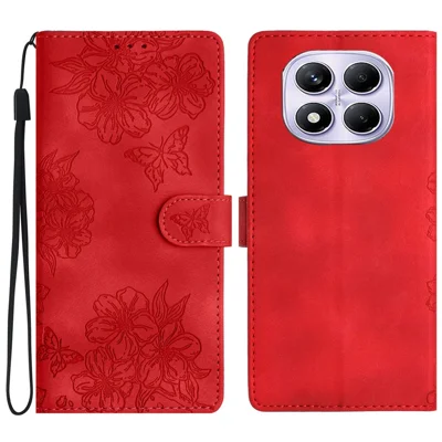 For Xiaomi Redmi Note 14 Pro 4G Case Butterfly Flower Pattern Skin-Touch Leather Phone Cover - Red