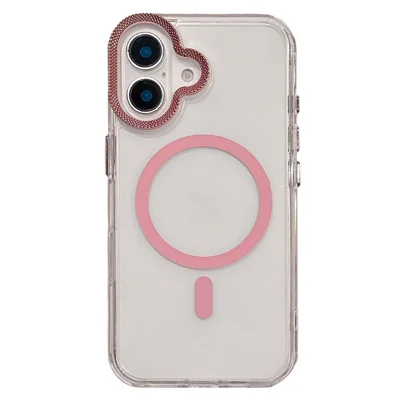 For iPhone 16 Case Compatible with MagSafe PC + TPU Clear Phone Cover with Diamond Texture Lens Frame - Pink