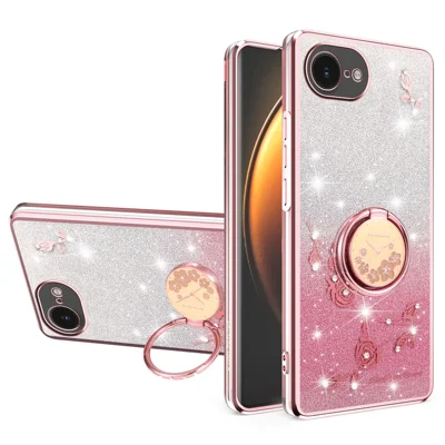 KADEM voor iPhone 16e hoesje met ringstandaard TPU bloemen telefoonhoesje gradiënt glitters - Roze