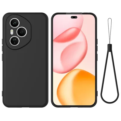For Honor 400 Pro 5G (Global) Liquid Silicone Case Phone Back Cover with Hand Strap - Black