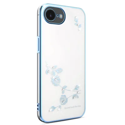 KADEM voor iPhone 16e hoesje met bloemen- en strassversiering, elektrogeplateerde TPU-hoes - Blauw