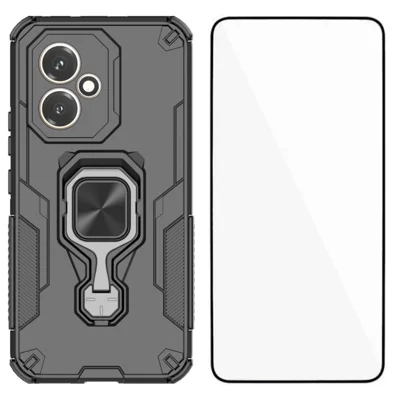 WANLONFENG For Honor 400 5G (Global) Phone Case  PC TPU Back Cover Kickstand with Tempered Glass - Black