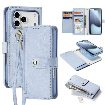 DUX DUCIS For iPhone 17 Pro Max Case  Lawa Series Detachable Magnetic Cowhide Leather Cover Zipper Wallet - Light Blue