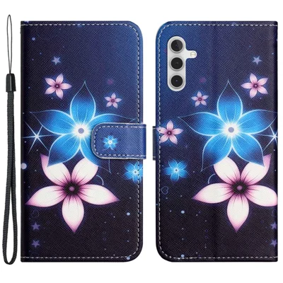 For Samsung Galaxy A14 5G / A14 4G Cross Texture PU Leather Phone Cover 3D Pattern Printing Stand Wallet Shockproof Case - Blue Flower