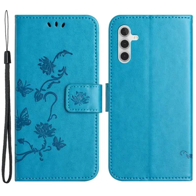 For Samsung Galaxy A14 5G / A14 4G Full Protection Butterfly Flower Imprinted Phone Case PU Leather + TPU Anti-scratch Flip Wallet Stand Cover - Blue