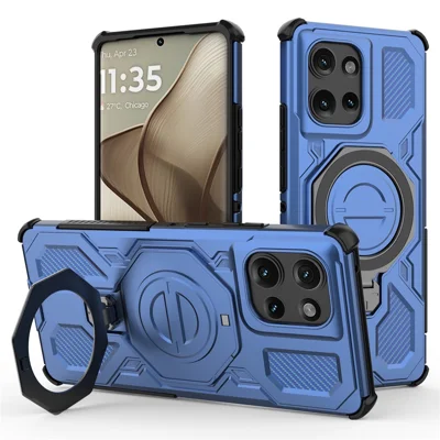 For Motorola Edge 50 5G Magnetic Case Rotating Metal Kickstand PC + TPU Phone Back Cover - Dark Blue