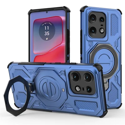 For Motorola Edge 50 Pro 5G Magnetic Case Rotating Metal Kickstand PC + TPU Phone Back Cover - Dark Blue