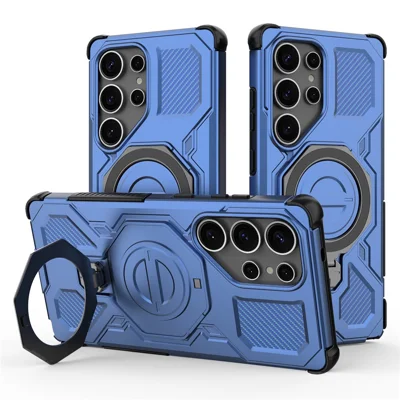 For Samsung Galaxy S25 Ultra Magnetic Case Rotating Metal Kickstand PC + TPU Phone Back Cover - Dark Blue