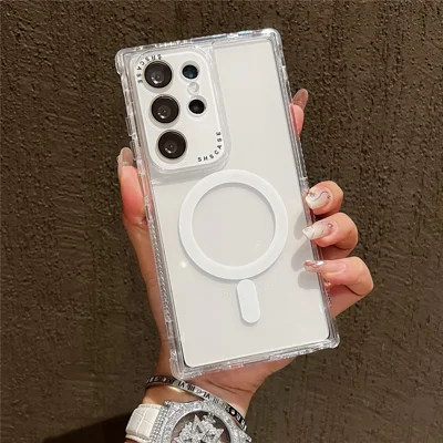 For Samsung Galaxy S25 Ultra Magnetic Case Clear Colorful Frame TPU + PC Phone Back Cover with Lens Film - White