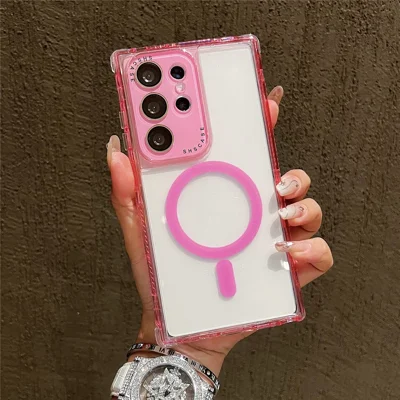 For Samsung Galaxy S25 Ultra Magnetic Case Clear Colorful Frame TPU + PC Phone Back Cover with Lens Film - Pink