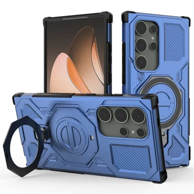 For Samsung Galaxy S24 Ultra Magnetic Case Rotating Metal Kickstand PC + TPU Phone Back Cover - Dark Blue