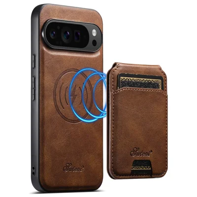 SUTENI H15 For Google Pixel 9 Pro XL Magnetic Case Detachable Card Holder Phone Cover - Brown