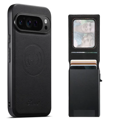 SUTENI H19 For Google Pixel 10 / 10 Pro Magnetic Case Card Holder Kickstand Litchi Texture Leather Back Cover - Black