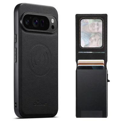 SUTENI H19 For Google Pixel 9 Pro XL Magnetic Case Card Holder Kickstand Litchi Texture Leather Back Cover - Black