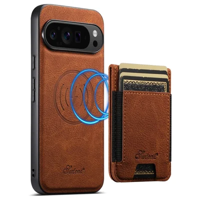 SUTENI H17 For Google Pixel 9 Pro XL Magnetic Case Card Slots Leather + TPU Kickstand Phone Cover - Khaki