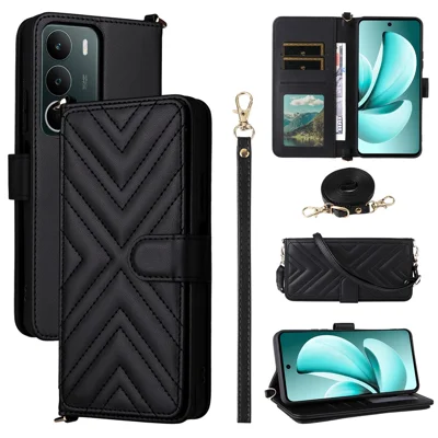 For Realme C71 4G Case with Shoulder  /  Wrist Strap Leather Phone Cover Stand Wallet - Black