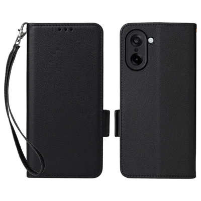 For OnePlus Nord CE5 5G / Ace 5 Racing 5G Case with Wrist Strap Litchi Texture PU Leather Wallet Phone Cover - Black