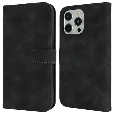 For iPhone 13 Pro Wallet Case Double Folded Edge Skin Touch PU Leather Flip Phone Cover - Black