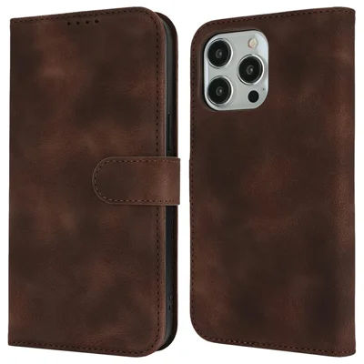 For iPhone 14 Pro Max Wallet Case Double Folded Edge Skin Touch PU Leather Flip Phone Cover - Dark Brown