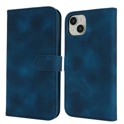 For iPhone 15 Plus / 14 Plus Wallet Case Double Folded Edge Skin Touch PU Leather Flip Phone Cover - Blue