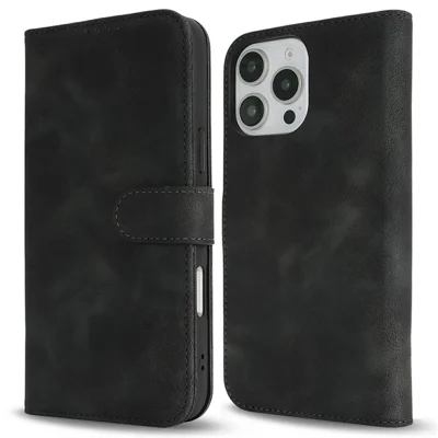 For iPhone 16 Pro Wallet Case Double Folded Edge Skin Touch PU Leather Flip Phone Cover - Black