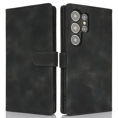 For Samsung Galaxy S24 Ultra Wallet Case Double Folded Edge Skin Touch PU Leather Flip Phone Cover - Black