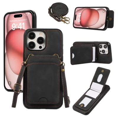 For iPhone 15 Pro Case Card Holder Kickstand Leather + TPU Phone Cover with Shoulder Strap - Black