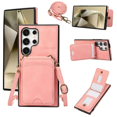 For Samsung Galaxy S24 Ultra Case Card Holder Kickstand Leather + TPU Phone Cover with Shoulder Strap - Pink