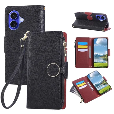 For iPhone 17 Case Zipper Wallet Leather Phone Cover with Wrist Strap - Black