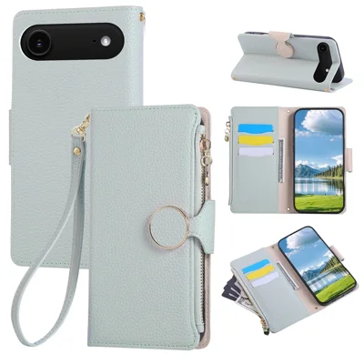 For iPhone Air Case Zipper Wallet Leather Phone Cover with Wrist Strap - Cyan