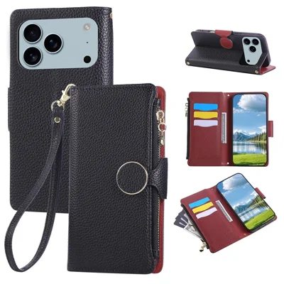 For iPhone 18 Pro / 17 Pro Case Zipper Wallet Leather Phone Cover with Wrist Strap - Black