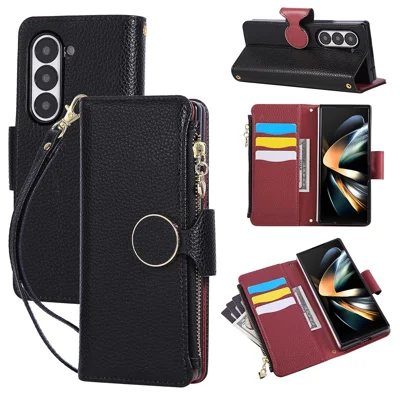 For Samsung Galaxy Z Fold6 5G Case Zipper Wallet Leather Phone Cover with Wrist Strap - Black