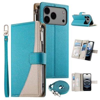 Til iPhone 17 Pro Max hylse med lynlåsewallet, farvesplejsning, læder flip-hylse med remme - Søblå