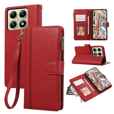 For Xiaomi 14T Case Multi Card Slots Zipper Leather Phone Cover with Wrist Strap - Red