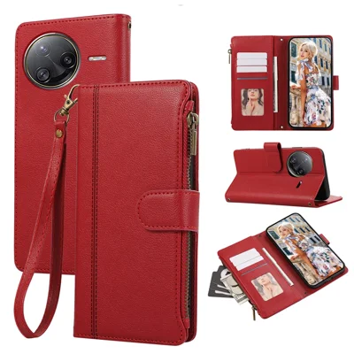 For Xiaomi Redmi K80 Pro 5G / Poco F7 Ultra 5G Case Multi Card Slots Zipper Leather Phone Cover with Wrist Strap - Red