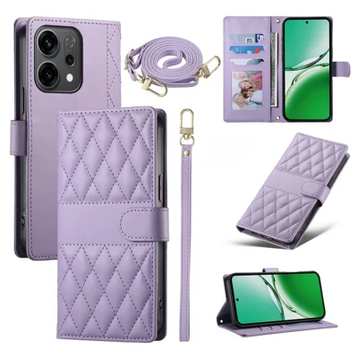 For Oppo Reno14 5G (Global) Case Rhombus Stitching Wallet Stand Leather Phone Cover with Long  /  Short Strap - Purple