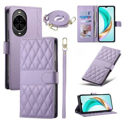 For Huawei nova 14 5G Case Rhombus Stitching Wallet Stand Leather Phone Cover with Long  /  Short Strap - Purple