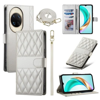 For Huawei nova 14 Ultra 5G Case Rhombus Stitching Wallet Stand Leather Phone Cover with Long  /  Short Strap - Beige