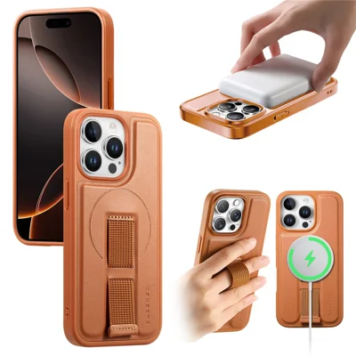 CASENEO For iPhone 15 Pro Magnetic Case Wristband PU Leather + PC Shockproof Phone Cover - Brown