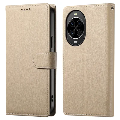 For Huawei nova 14 5G Case Magnetic Snap Litchi Texture Leather Wallet Phone Cover with Wrist Strap - Apricot