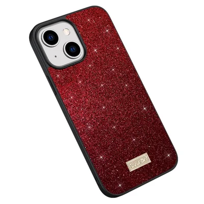 SULADA Shockproof Phone Case For iPhone 14, PU Leather Coated PC + TPU Glitter Sequins Stylish Mobile Phone Cover - Red