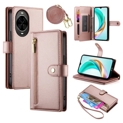 For Huawei nova 14 5G Case Zipper Pocket Wallet Leather Phone Cover with Straps - Pink