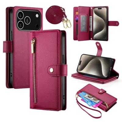 Voor iPhone 17 Pro hoesje met ritsvak portemonnee lederen telefoonhoes met riemen - Rood