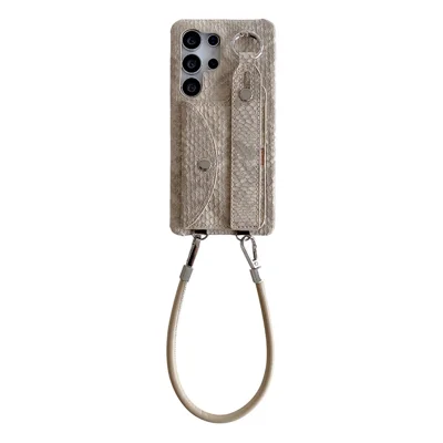 For Samsung Galaxy S24 Ultra Case Card Holder Wristband Lacquered Snake Texture PU + PC Back Cover with Lanyard - Khaki
