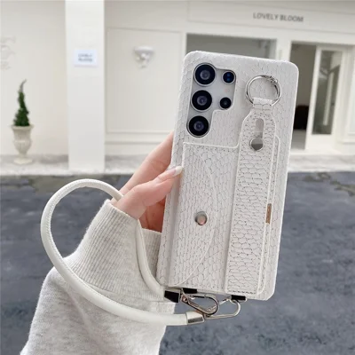For Samsung Galaxy S24 Ultra Case Card Holder Wristband Lacquered Snake Texture PU + PC Back Cover with Lanyard - White