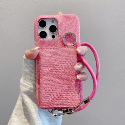 For iPhone 16 Pro Case Card Holder Mirror Snake Texture PU + PC Back Cover with Lanyard - Rose