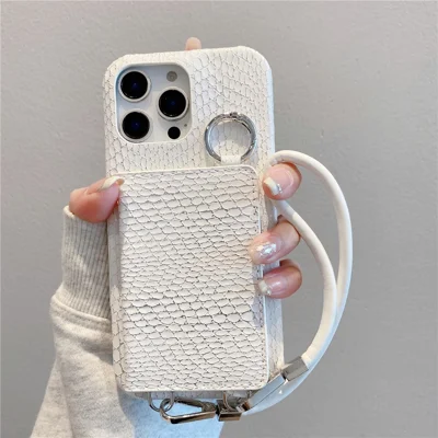 For iPhone 15 Pro Case Card Holder Mirror Snake Texture PU + PC Back Cover with Lanyard - White