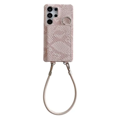 For Samsung Galaxy S25 Ultra Case Card Holder Mirror Snake Texture PU + PC Back Cover with Lanyard - Light Pink