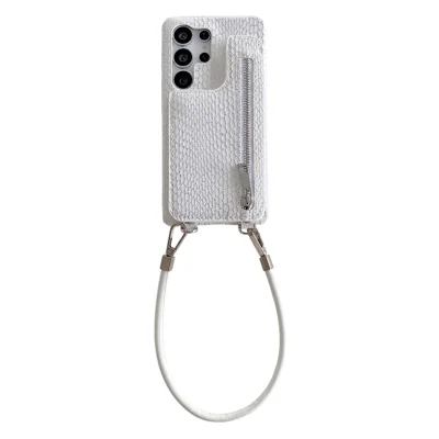 For Samsung Galaxy S24 Ultra Case Zipper Card Holder Mirror Snake Texture PU + PC Back Cover with Lanyard - White