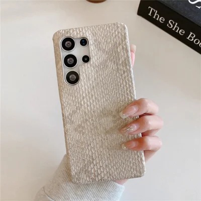 For Samsung Galaxy S25 Ultra Case Gold Thread Lacquered Snake Texture PU + PC Phone Back Cover - Khaki